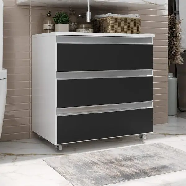 Gabinete Banheiro JOIA 60cm com rodinhas e puxador aluminio (Branco/Preto)
