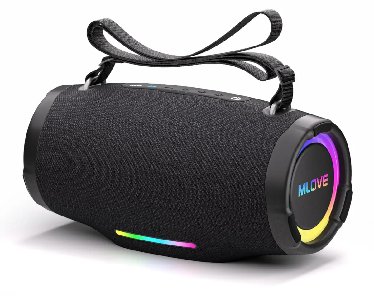 MLOVE E90 Caixas de Som Portáteis Bluetooth, à prova d'água, com luz LED RGB, Estéreo sem Fio, Bluetooth 5.4, 80W Bass Reforço de Graves, Suporte Micro SD, AUX-in, USB, Carregamento via Type-C, Preto