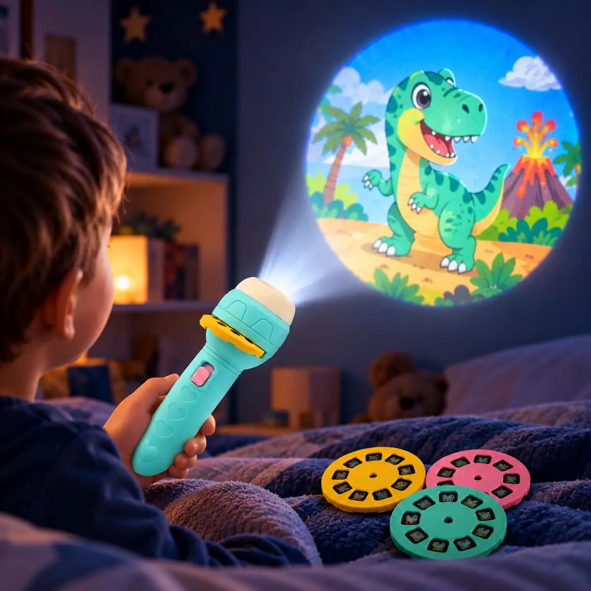 Lanterna Projetora Azul Infantil com 3 Discos e 24 Imagens Sortidas, Brinquedo Educativo para Crianças, Projeção de Imagens na Parede e Teto, Divertida e Portátil (Azul)
