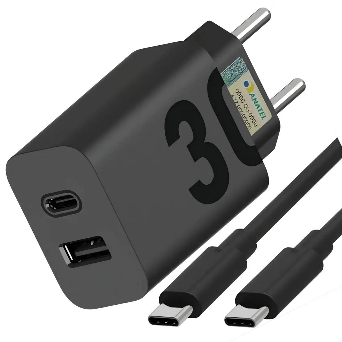 Carregador Turbo 30W Porta Dupla (USB-A + USB-C) + Cabo Tipo C Ultra Rápido de 1M Premium® Compatível com Todos Dispositivos Android, iPhone 15/16, Samsung Galaxy, IOS/Android