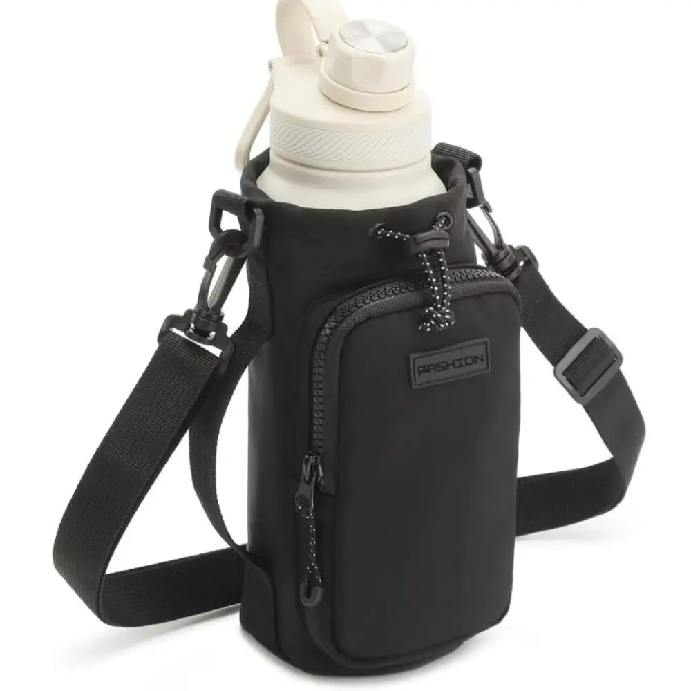 Bolsa Porta Garrafa de Água Tiracolo com Bolso Frontal para Celular e Chaves - Bolsa Lateral Transversal com Alça Regulável e Cordão de Ajuste Antiqueda (Preto)