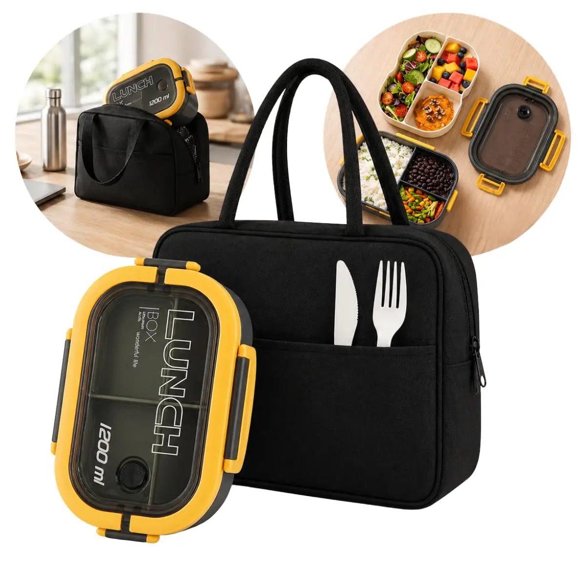 Kit Marmita Hermética Com Divisórias E Bolsa Térmica Com Divisórias Para Trabalho Escritório Academia(PRETO E AZUL)