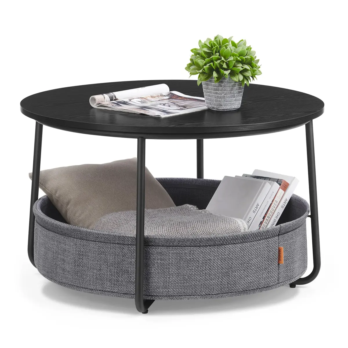 VASAGLE Mesa de Centro para Sala, Mesa Redonda com Cesta de Tecido | Centro de Sala Estilo Contemporâneo, Estrutura de Metal, Preto e Cinza Chumbo, Coleção LILEA, LCT244B56