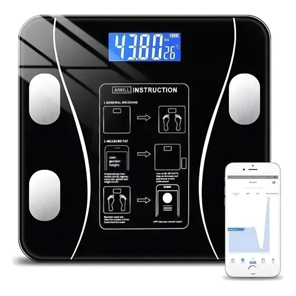 Balança Digital Bioimpedância Corporal Bluetooth até 180 kg com App | Mede Peso, IMC, Gordura, Massa Muscular, Água Corporal e Metabolismo | Smart Scale Inteligente Vidro Temperado