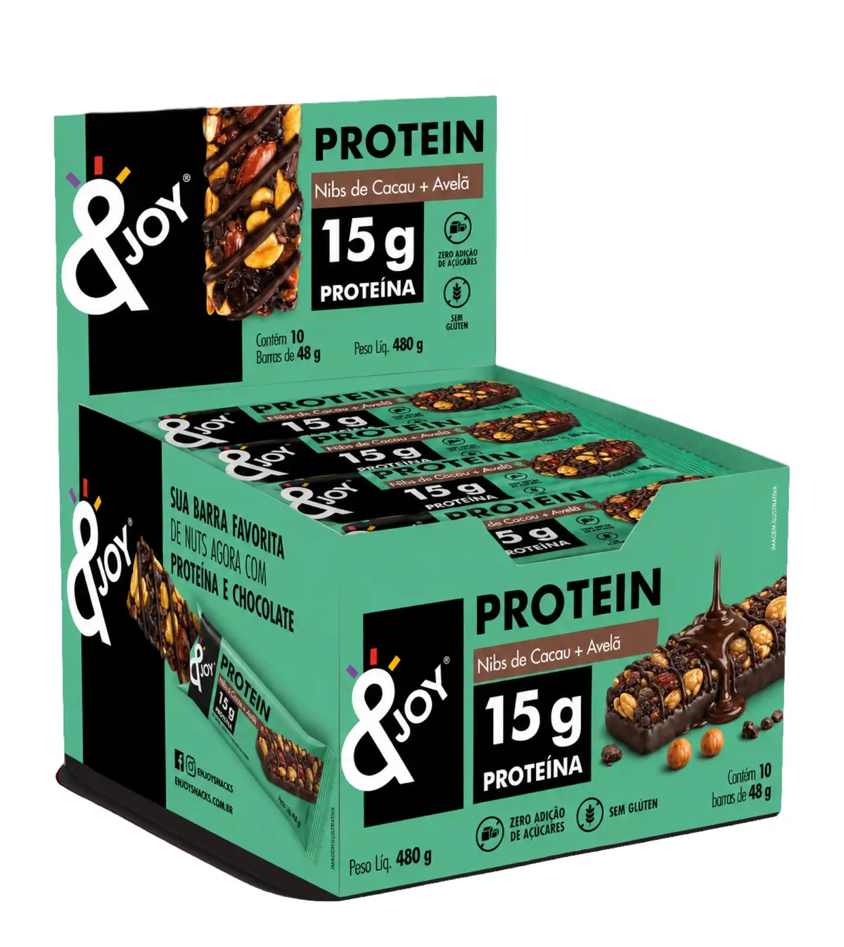 &Joy - Barra de Proteína de Nuts Nibs de Cacau + Avelã e Chocolate 48g - 15g de Proteína - Caixa com 10 Unidades 480g - Zero Adição de Açúcares - Sem Glúten - 1