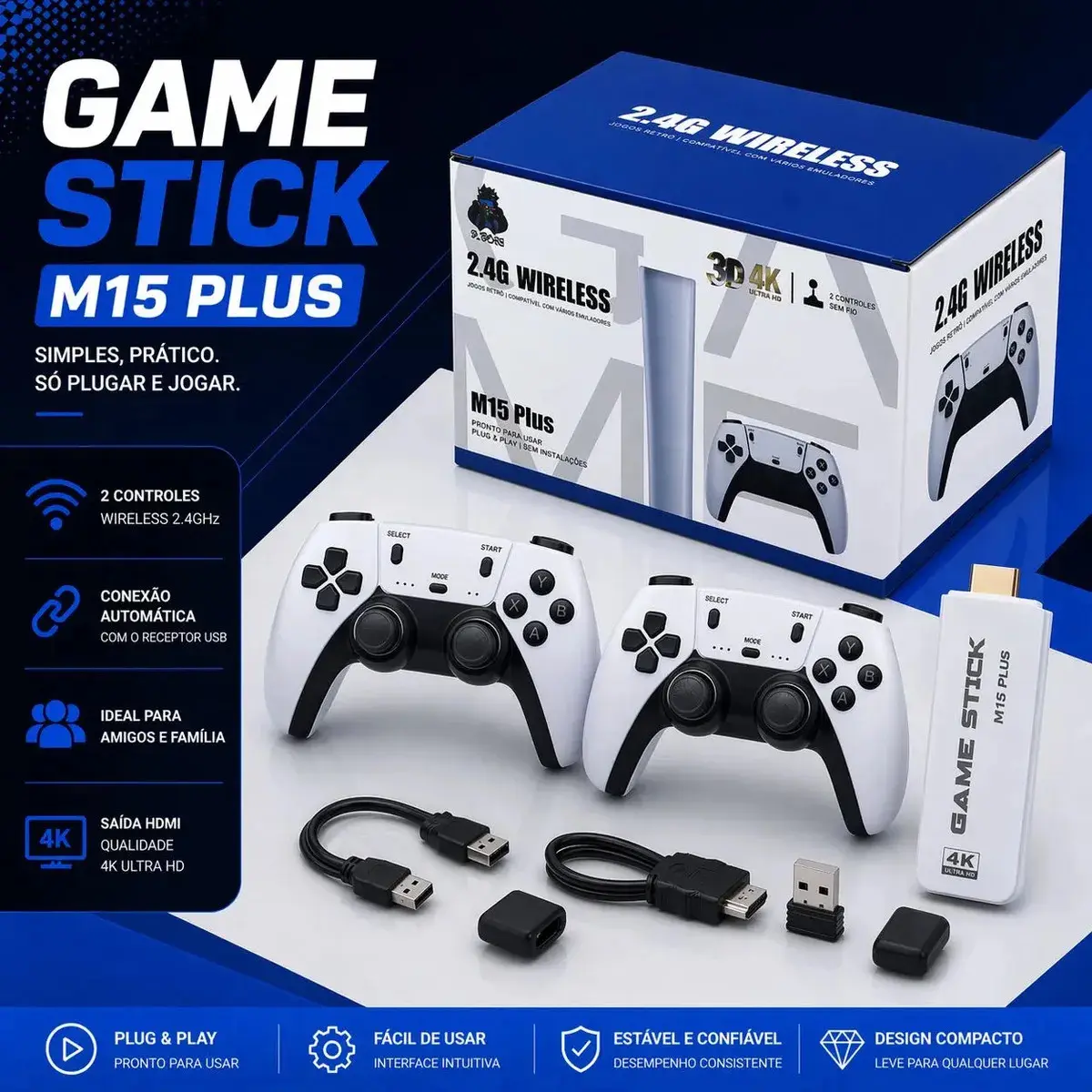 Adaptador Videogame M15 Hdmi 2 Controles Players Branco Bivolt Stick Usb thumbnail 3