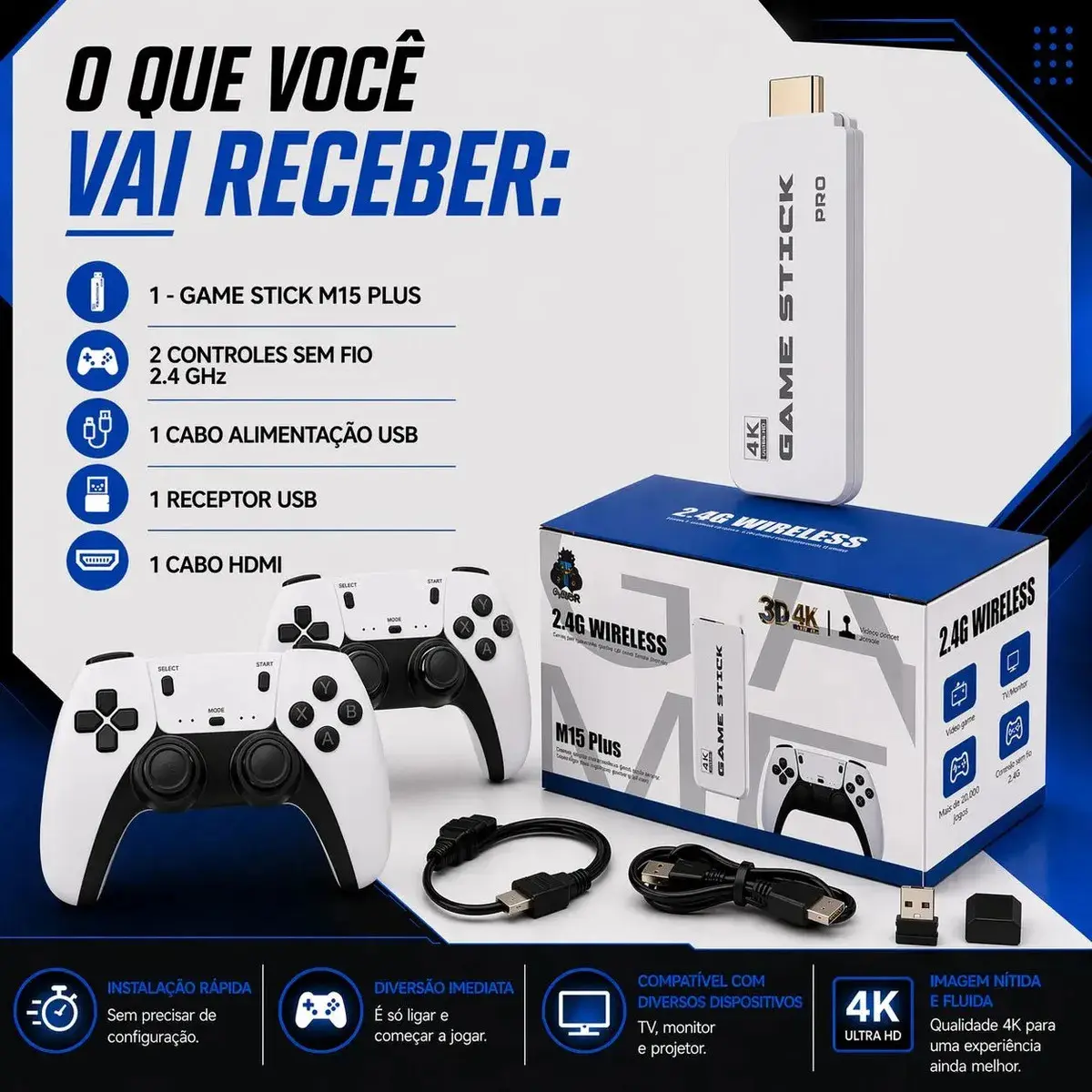 Adaptador Videogame M15 Hdmi 2 Controles Players Branco Bivolt Stick Usb thumbnail 5