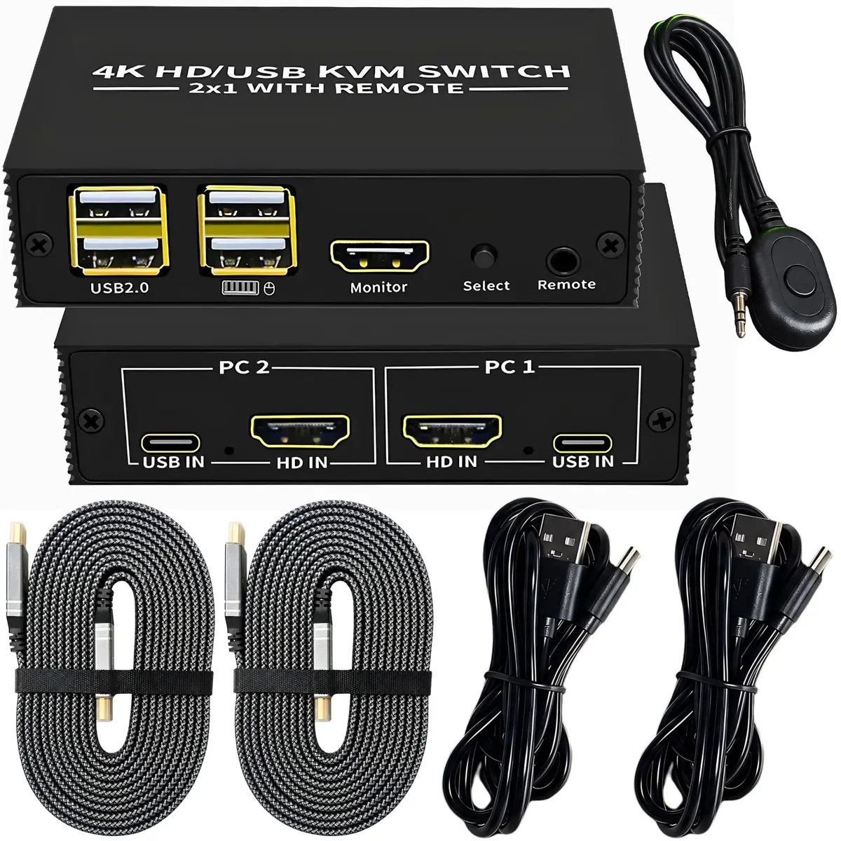 Chaveador Switch KVM HDMI 4K/USB 2x1 Com Hub Integrado e 2 Cabos HDMI V2.0 | Controle 2 Computadores em um Único Conjunto de Monitor, Teclado e Mouse. Plug and Play - Estrutura em Alumínio