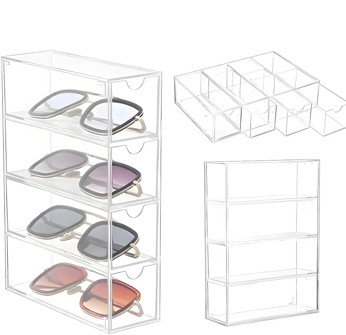 Porta Oculos, Porta Oculos Organizador, Caixa de Óculos de Sol com 4 Gavetas, Multiuso de Acrílico com Gavetas para Óculos, Organizador de Óculos de Gavetas, Camada Única 17,5 * 6,4 * 6,2 cm