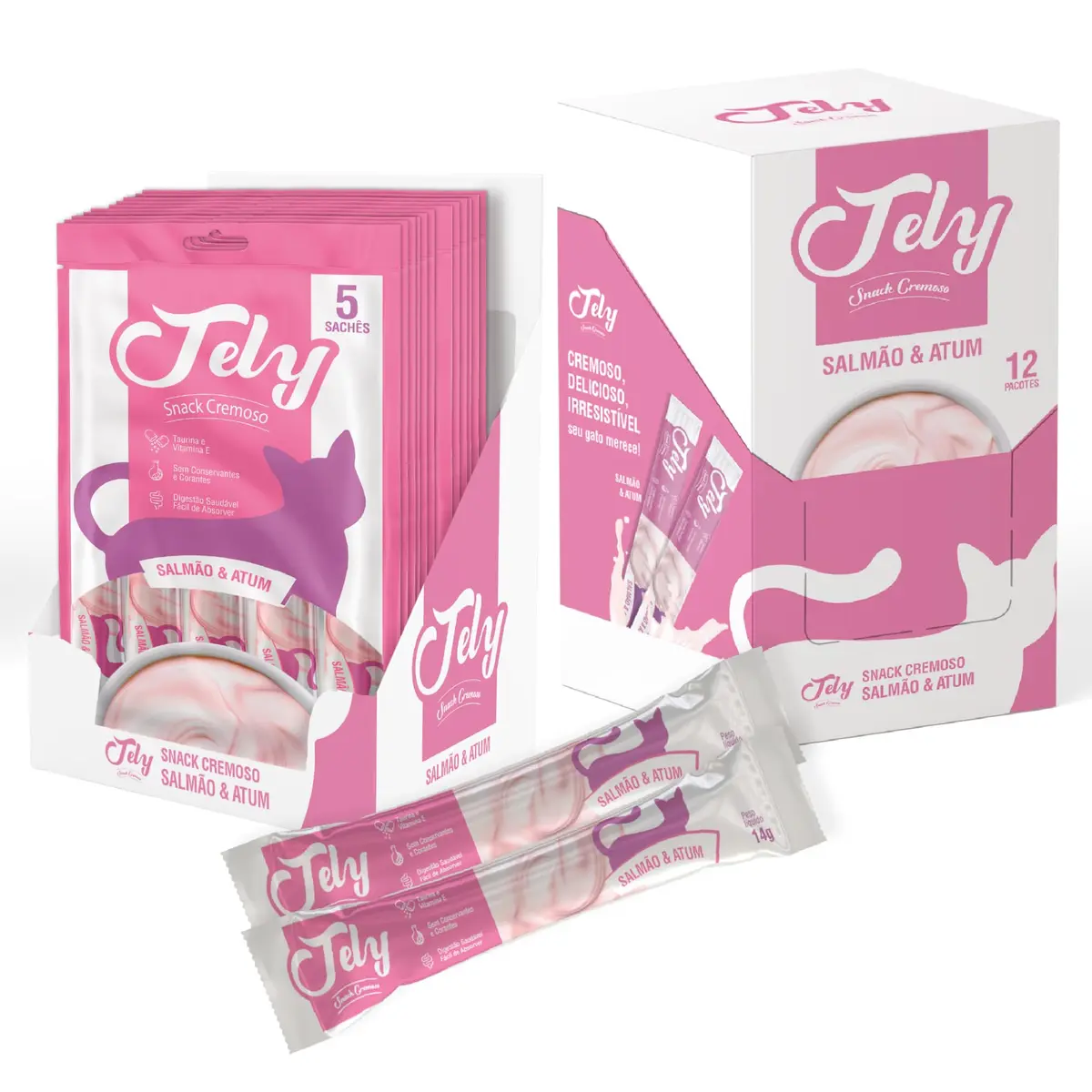 Jely Gatos Snack Cremoso Sabor Salmão e Atum 70g Pack com 12 unidades