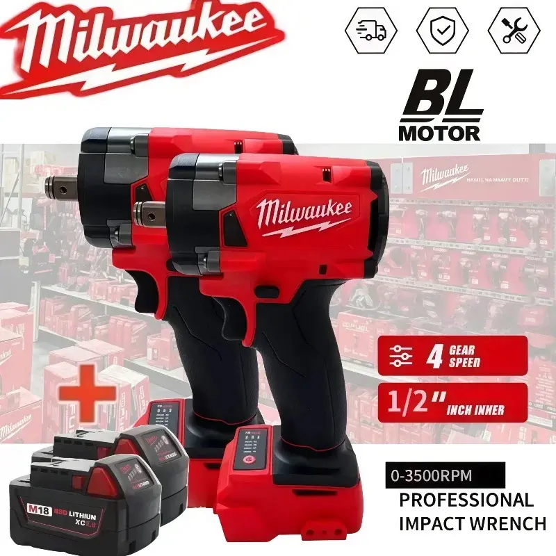 Parafusadeira de Impacto Sem Fio Milwaukee 1/2 Brushless, Furadeira de Impacto, Ferramentas para Reparo de Carros e Caminhões com Bateria M18 - 1