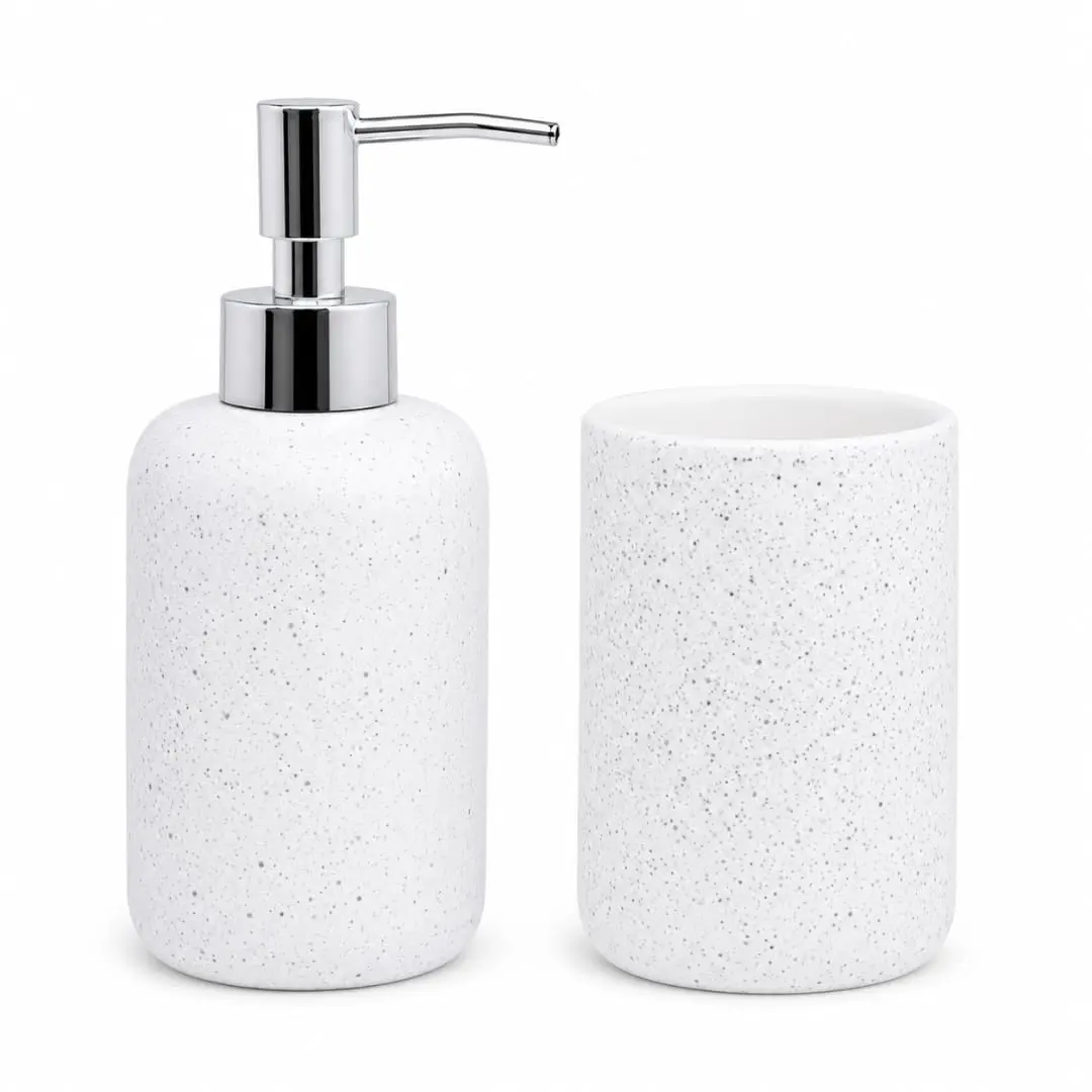 Kit Lavabo Cerâmica Branco com Pump Prata e Porta Escova | Válvula Dosadora, Acabamento Pontilhado, 2 Peças, 18 cm de Altura, Bancada Organizada