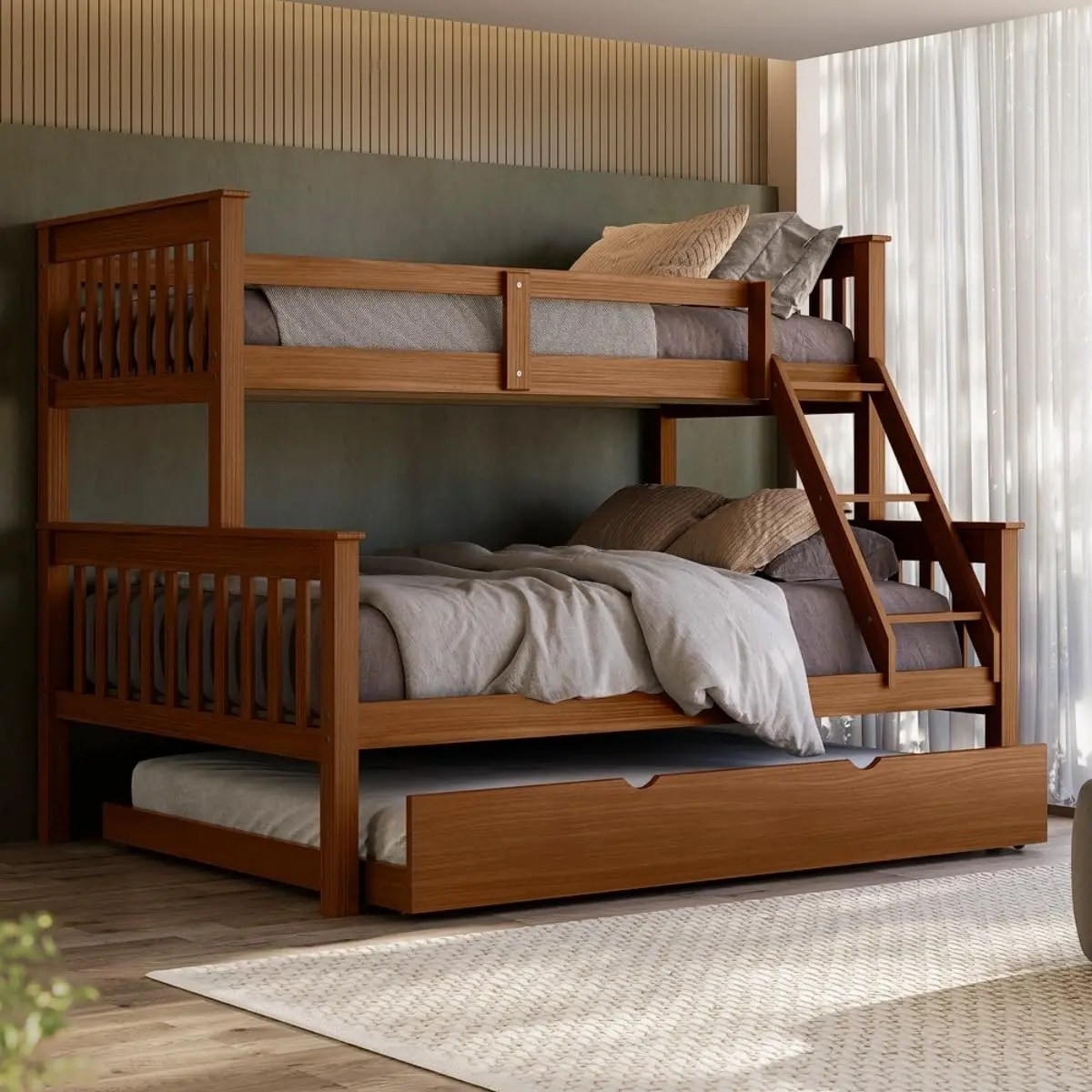 Triliche Com Cama De Casal Solteiro Em Madeira Woodstore e Aux Casal (Castanho)