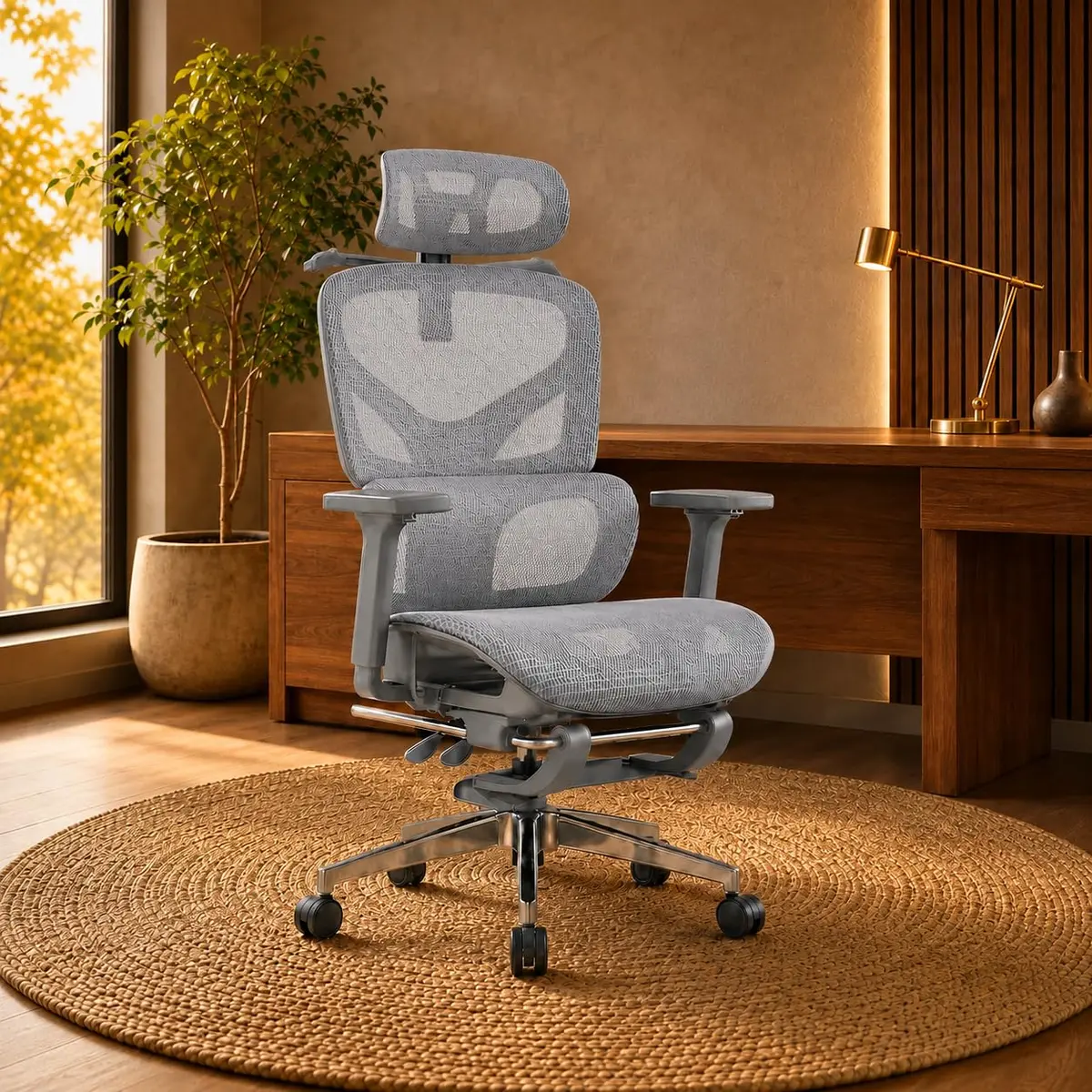 Laruno Cadeira de Escritório Ergonômica Soberano Cinza 200kg | Apoio de Pés Retrátil, Suporte Lombar Adaptável, Encosto 6 Posições, Braço 3D, Até 200kg