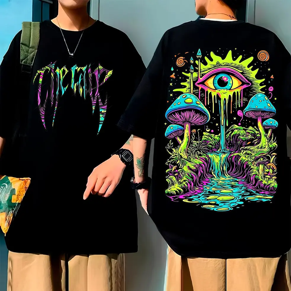 Camiseta Preta Unisex, Design com Olho Mágico e Cogumelos, Alta Qualidade, Textos Ausentes, Estilo Hippie - Psicadélico - 1