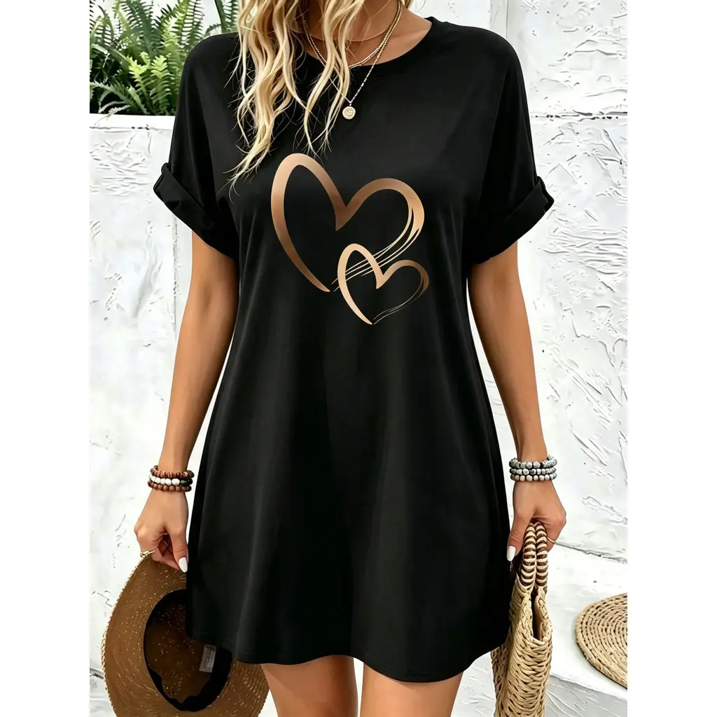 Vestido Camisetão Feminino Oversized Estampa Coração Duplo Gola Redonda Manga Curta Soltinho Lazer Passeio Verão