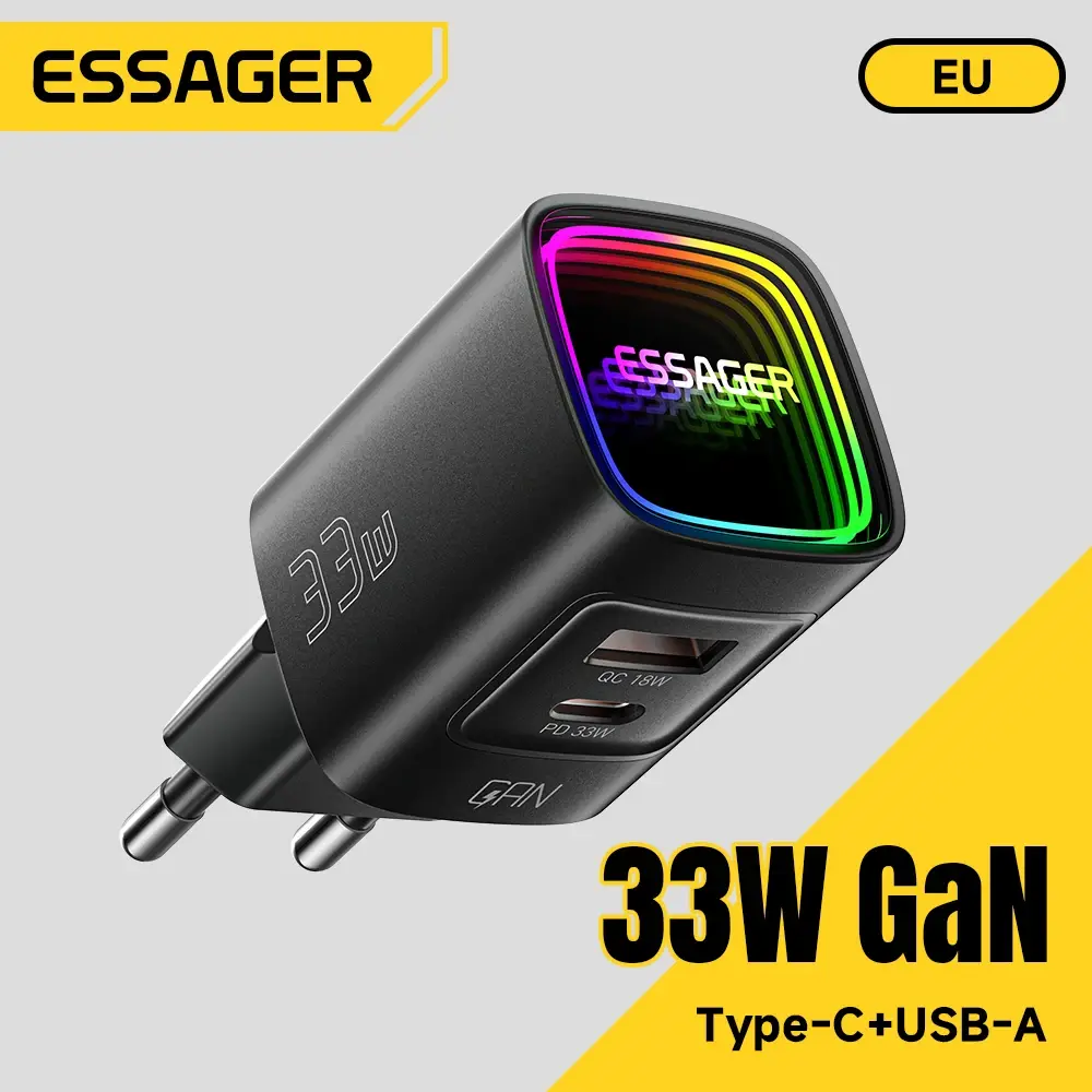 Carregador Portátil Essager 33W GaN USB Tipo C com Carregamento Rápido PD para iPhone 17/16/15/14 Pro Max, iPad, Xiaomi, Samsung S25 RGB