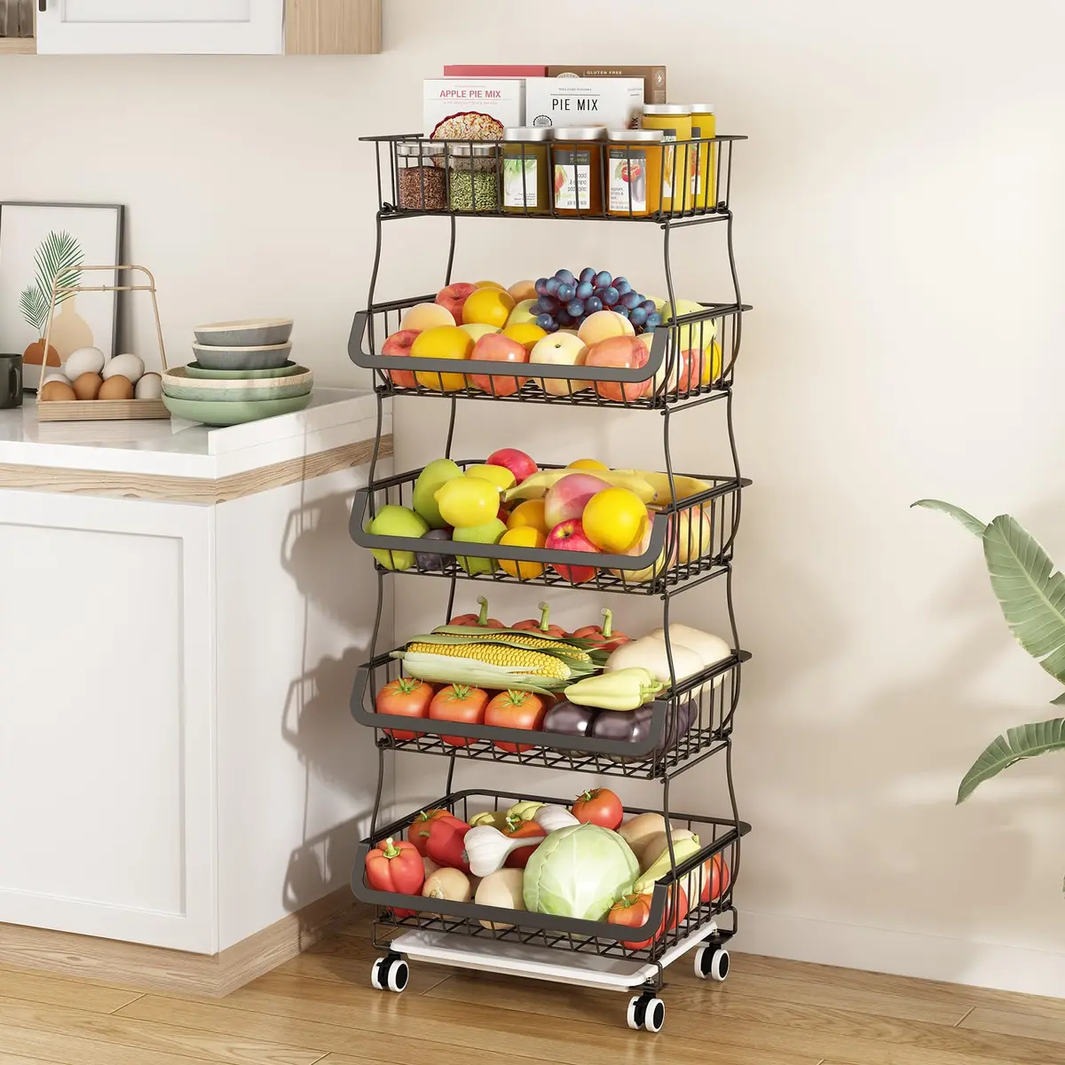 Fruteira de Chão para Cozinha, Carrinho Organizador de 5 Níveis com 5 Cestos e Rodas de Bloqueio, Ideal para Armazenar Frutas, Verduras, Cebolas e Batatas, Cor Preta