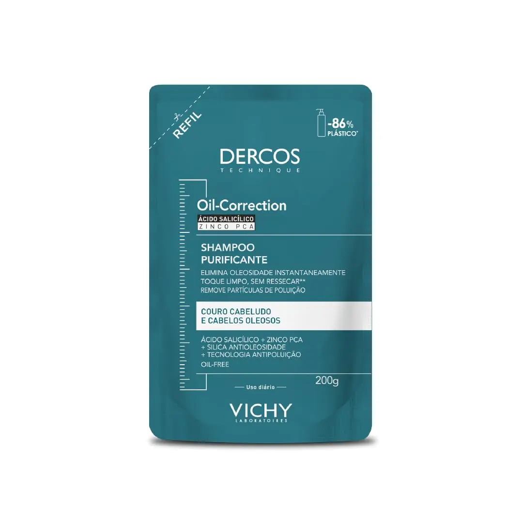 Vichy Dercos Oil-Correction, Refil Shampoo Purificante para Cabelos Oleosos, Limpeza Profunda sem Ressecar os Fios, Fórmula com Ácido Salicílico e Zinco PCA, 200g - 1