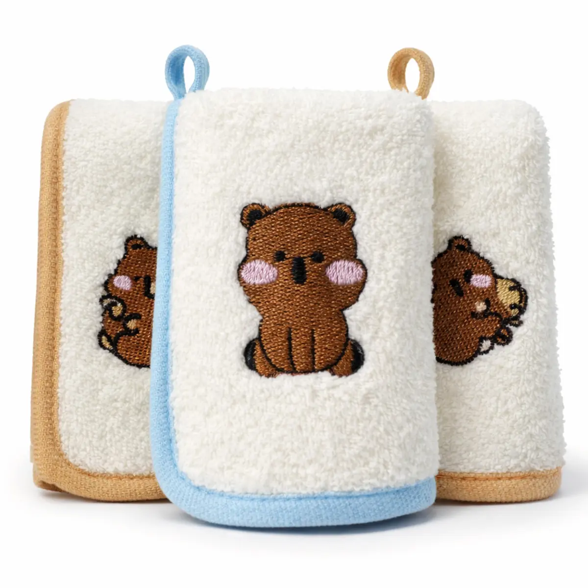 Kit 3 Toalhas de Boca para Bebê Shalem Baby | Super Macias, Alta Absorção, Delicadas para Pele Sensível, Bordadas Kit Urso e Capivara