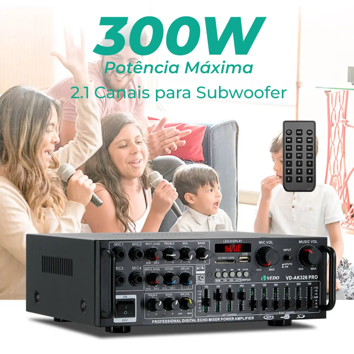 VEDO 300W 2.1 Channel Power Amplifier with Bluetooth, Subwoofer, 12V 110/220V, EQ, and Remote Control for Home and Car