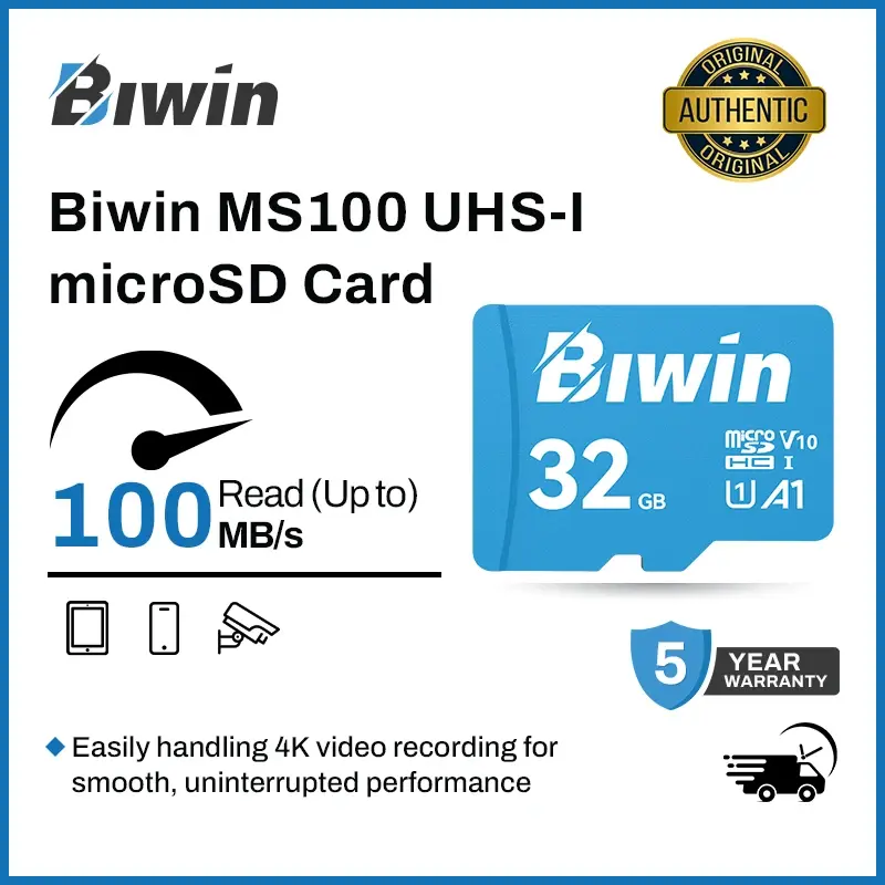 Cartão de Memória Micro SDXC Biwin MS100 128GB UHS-I A1 V30 U3 Classe 10 MicroSD com velocidade de até 100MB/s para Smartphones, Câmeras e Câmeras Veiculares