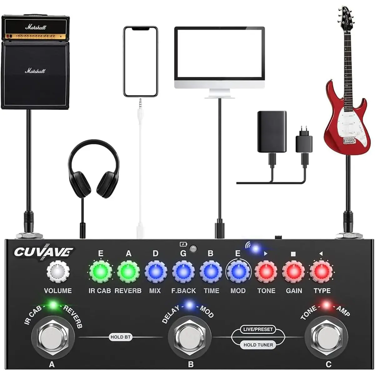 Pedal De Efeito Combinado De Guitarra multi-efeitos Elétrica Multifuncional Portátil Pedaleira Para Quitarra Com Reprodução De Música Sem Fio, Gravação De Telefone, Função De Interface De Áudio - 1