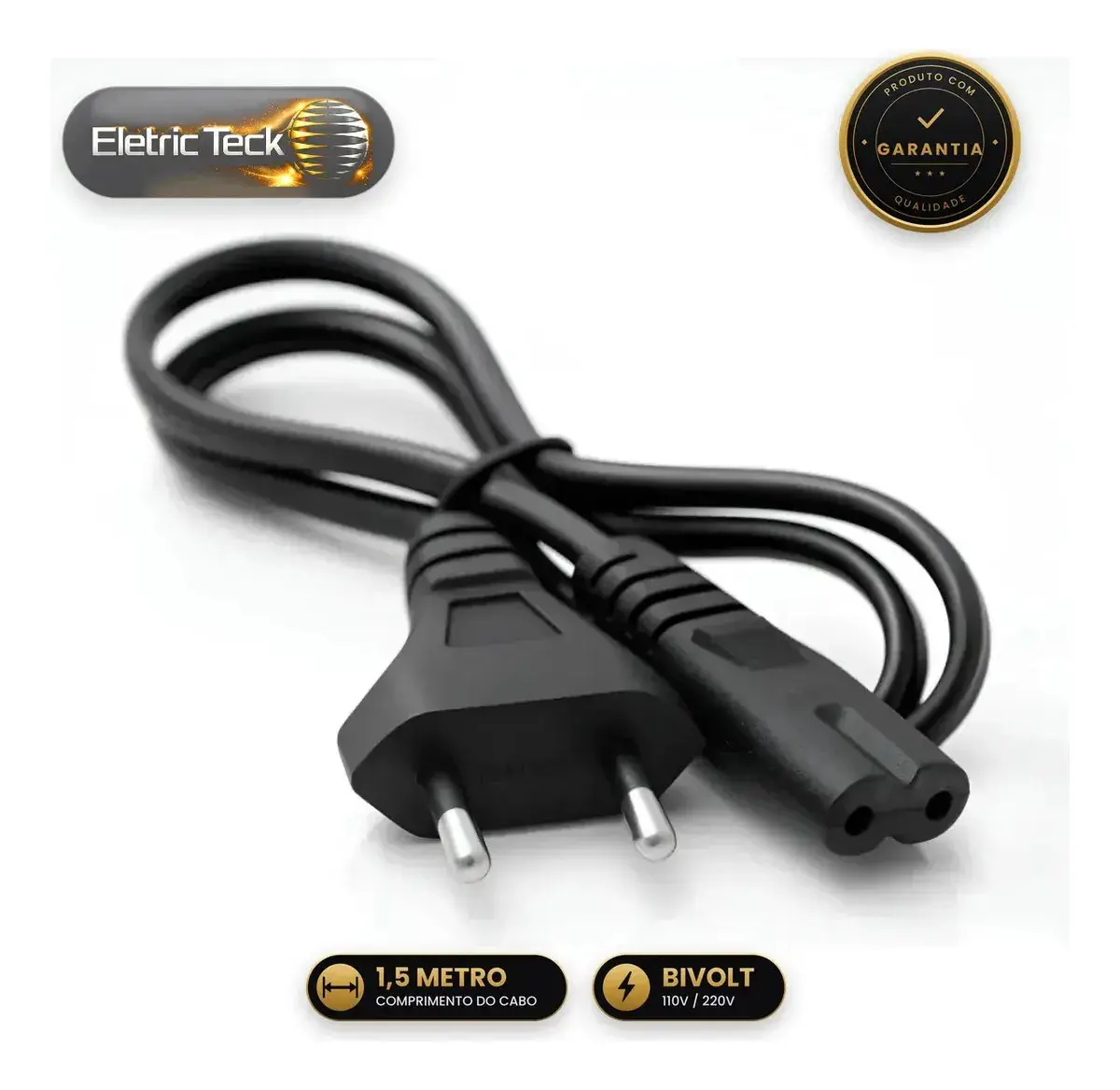 Cabo De Força Tipo 8 IEC C7 Bivolt Bipolar 1,5 metros Padrão Brasileiro Tv Notebook Monitor Videogame Fonte Energia Universal Conexão Segura Eletric Teck thumbnail 2