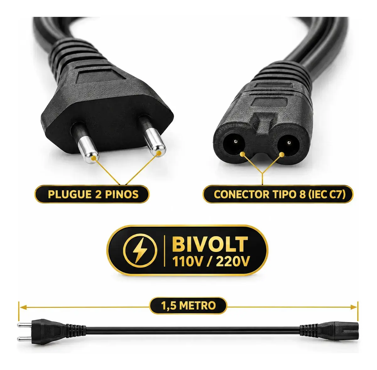 Cabo De Força Tipo 8 IEC C7 Bivolt Bipolar 1,5 metros Padrão Brasileiro Tv Notebook Monitor Videogame Fonte Energia Universal Conexão Segura Eletric Teck thumbnail 4