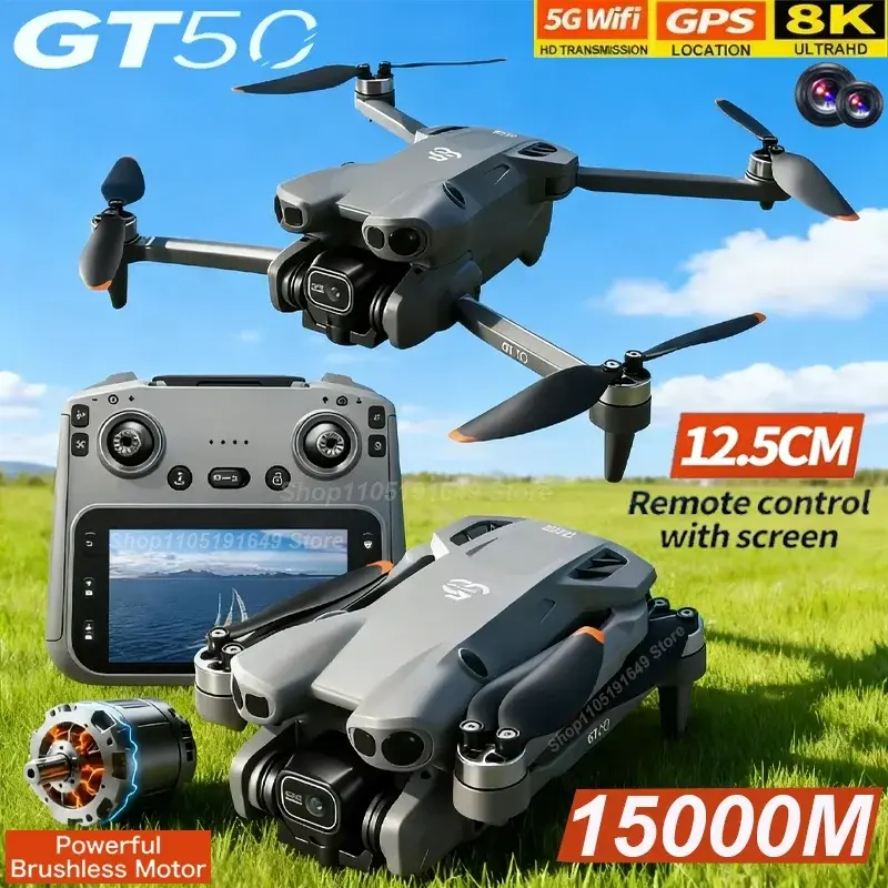 Drone GT50 Atualizado com Câmera Dupla 8K HD, WIFI 5G, GPS, Motor Brushless, Fluxo Óptico, Evitação de Obstáculos, Dobrável, Brinquedo RC