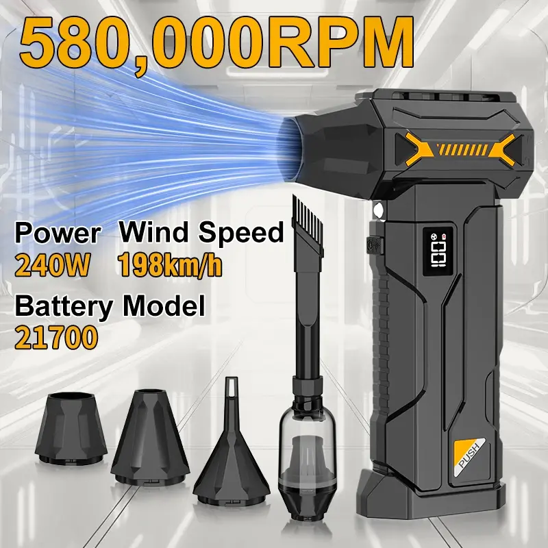 Aspirador de Pó Sem Fio Recarregável USB com Ventilador Turbo Potente de 580000RPM, Forte Pressão de Ar e Iluminação LED para Limpeza de Carros/Computadores - 1
