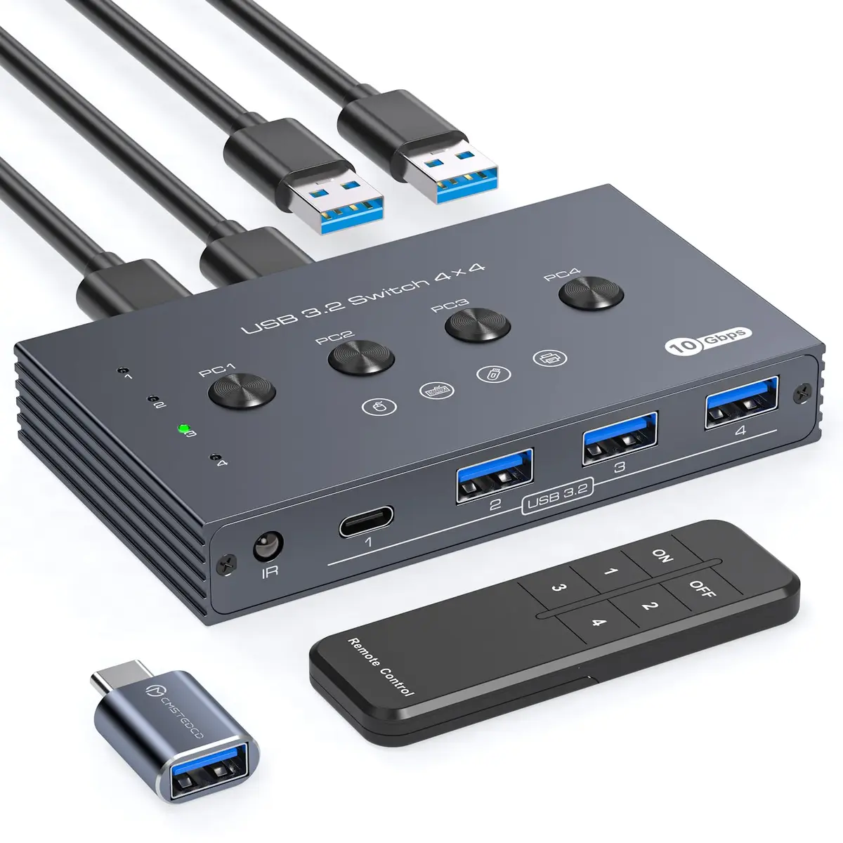 Seletor de interruptor USB 3.2, 4 computadores, compartilham 1 USBC e 3 dispositivos USBA de 10 Gbps 4 portas, comutador USB, teclado e mouse, impressora scanner com cabo e controle remoto e um dapter
