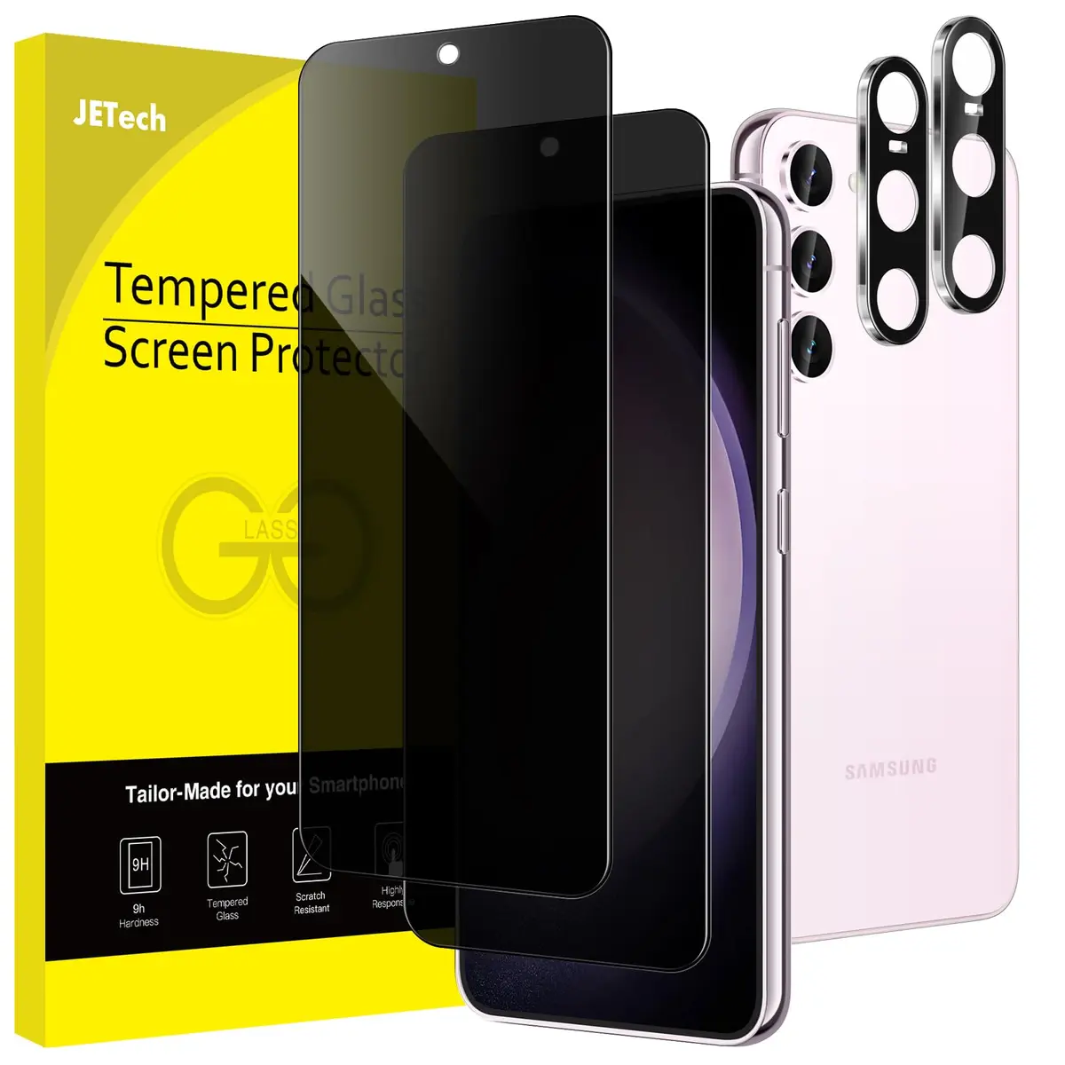 JETech Protetor de Tela Anti-Espião para Galaxy S23 Plus, 2+2 Unidades | com Protetor de Lente da Câmera, 9H Película de Vidro Temperado de Privacidad, Compatível com ID por Impressão Digital - 1