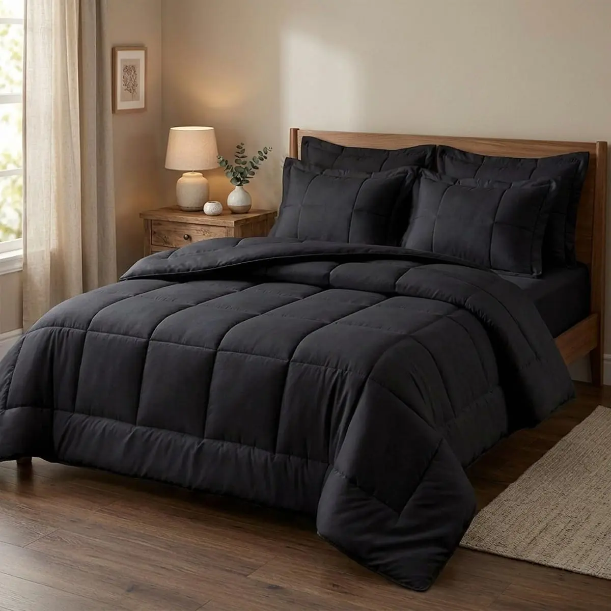Casa Dona Jogo de Cama Casal Enxoval com Edredom e Jogo de Lençol 6 Peças (Preto)