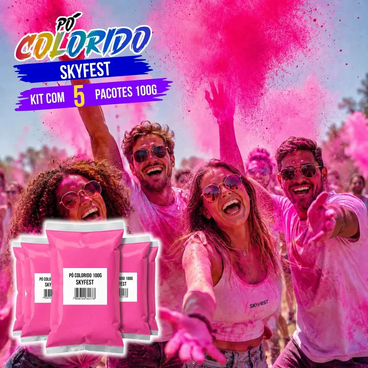 Kit 5 Pó Colorido 100g Tinta Em Pó Festa Holi Skyfest Cor Rosa