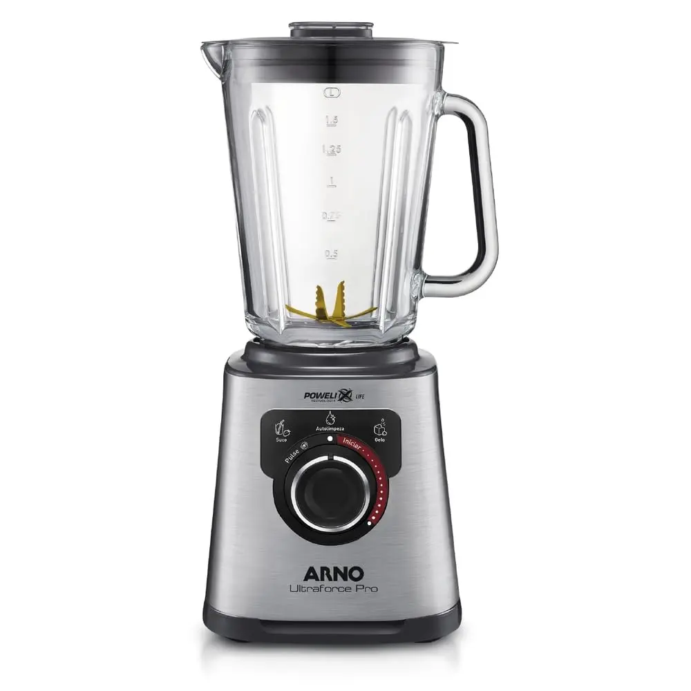 Liquidificador Arno Ultraforce Pro 1100W LN93, com App de Receitas, 6 Lâminas Powelix Life, Jarra de Vidro 2L, Resistente a Choque Térmico e Corpo Inox, Tecnologia Limpa Fácil, 110V