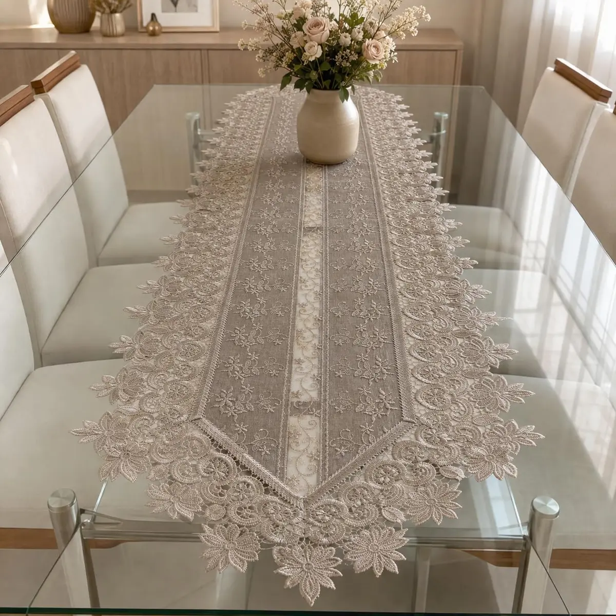 Caminho de Mesa 40x180cm em linho premium e Renda Guipir, Passadeira Bordada para Mesa Posta, Sala jantar e Cozinha,Caqui - 1