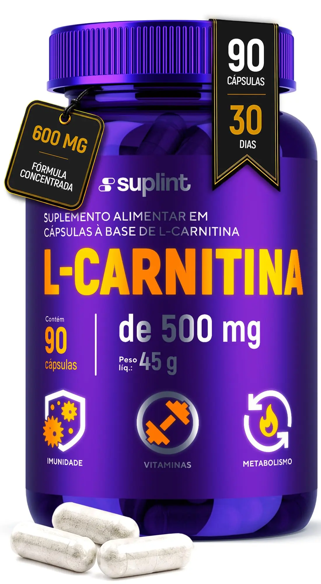 L-Carnitina 600mg por Porção em Cápsulas – Sem Glúten – 90 Cápsulas | Sem Corantes Artificiais, Sem Açúcares Adicionados, Não Transgênico, Porção de 3 Cápsulas, 30 Dias de Uso
