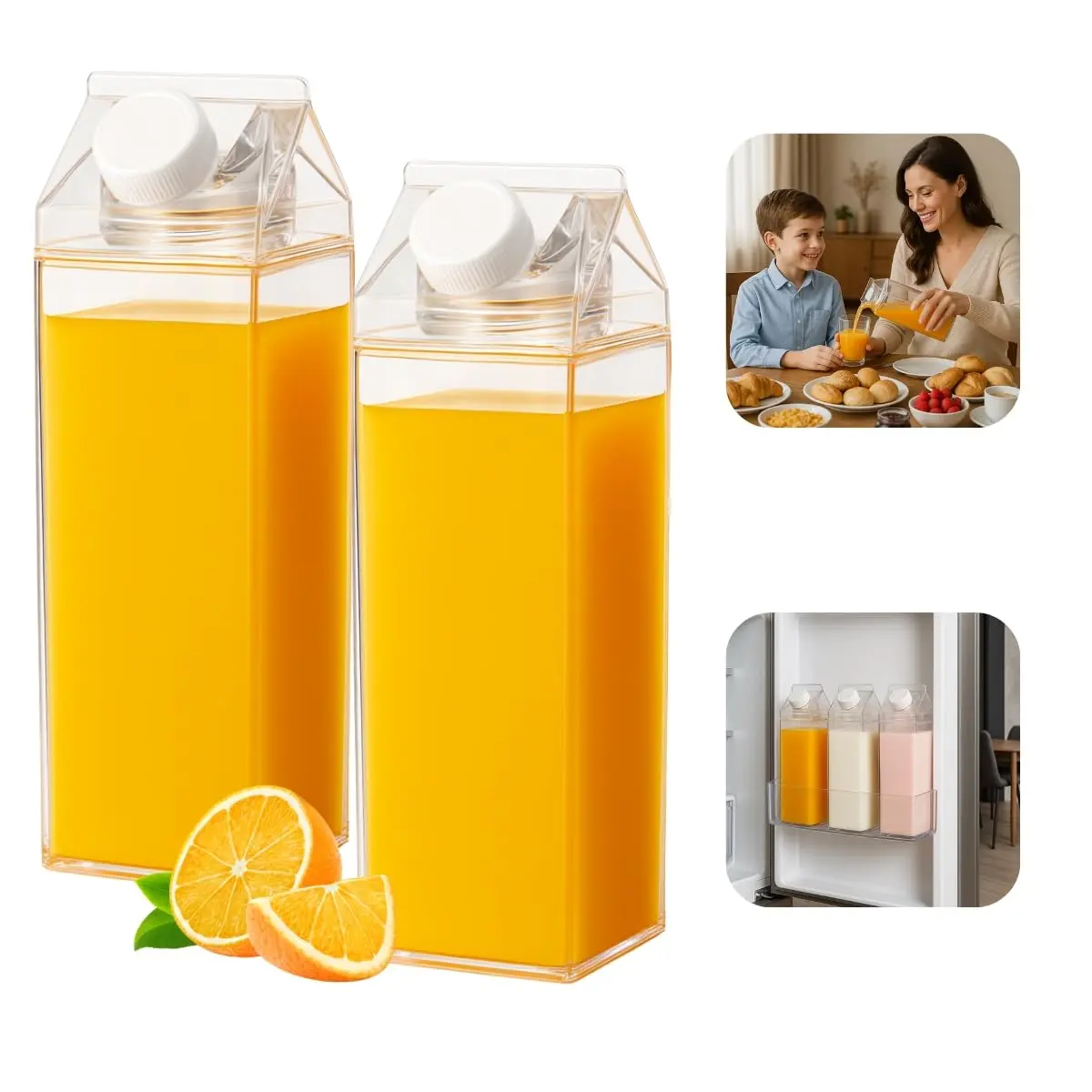 Kit 2 Garrafa Formato Caixa de Leite Acrílico 1 Litro Transparente Multiuso | Água Chá Iogurte Suco Geladeira Anti Vazamento Decorativa Café da Manhã Estilo Tampa Rosca bebidas multiuso reutilizável BPA