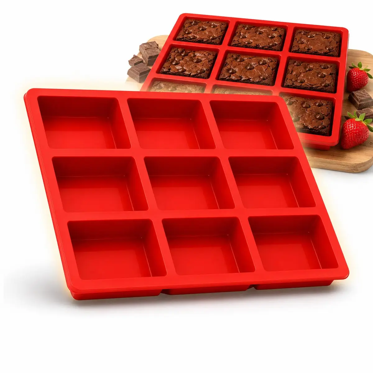 Forma de Silicone Retangular 9 Cavidades Antiaderente para Brownie, Chocolate, Sabonete Artesanal, Gelo, Mini Bolo e Sobremesas | Resistente até 230°C e -40°C