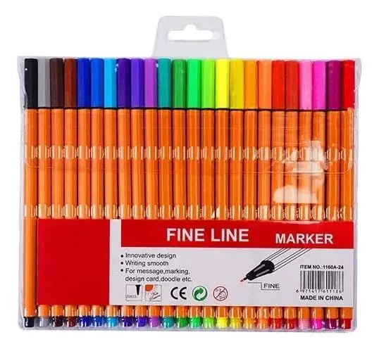 Kit Caneta Fine Line 24 Cores Ponta Fina 0.4mm Marcador Gel 24 Cores