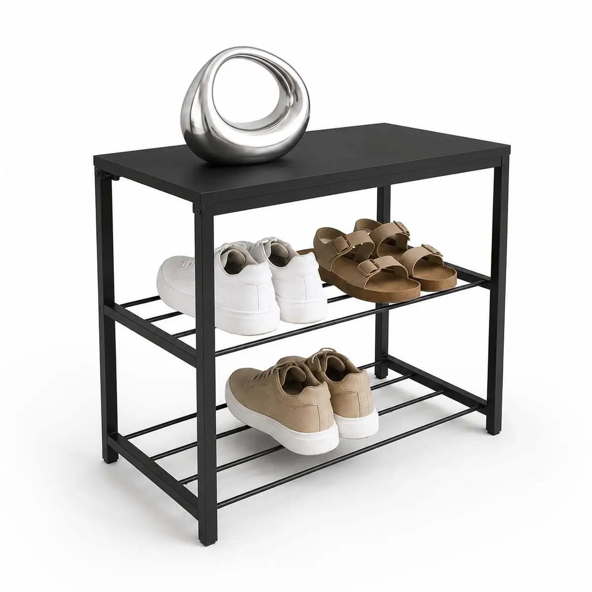 Sapateira Banco Industrial Para Hall/Closet/Quarto 2 Prateleiras em Chapa de Aço - LH Móveis (Preto)