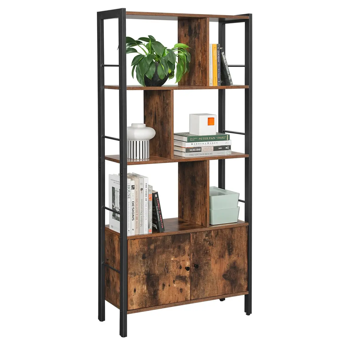 VASAGLE Estante de Livros com Portas, 4 Prateleiras, Estrutura de Aço | Prateleira de Armazenamento Grande, Estável, Estilo Industrial, Marrom Rústico e Preto, Coleção BARNET BRLBC022B01V1