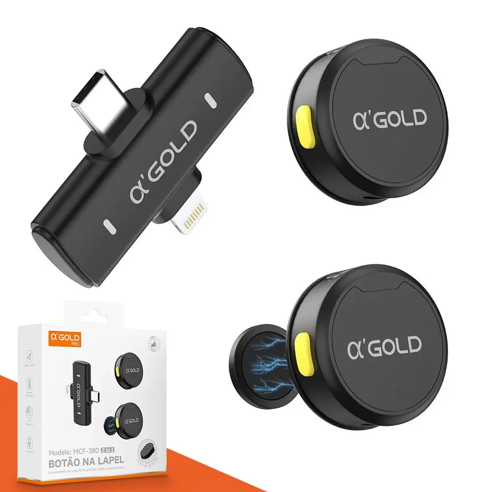 Microfone de Lapela Sem Fio Bluetooth Kit 2 Microfonones Abafamento de Ruído Até 10 Horas Tempo de Trabalho Compatível com Camera, iPhone, Android, PC - Conexão Android e USB-C - Linha AGold Premium - 1