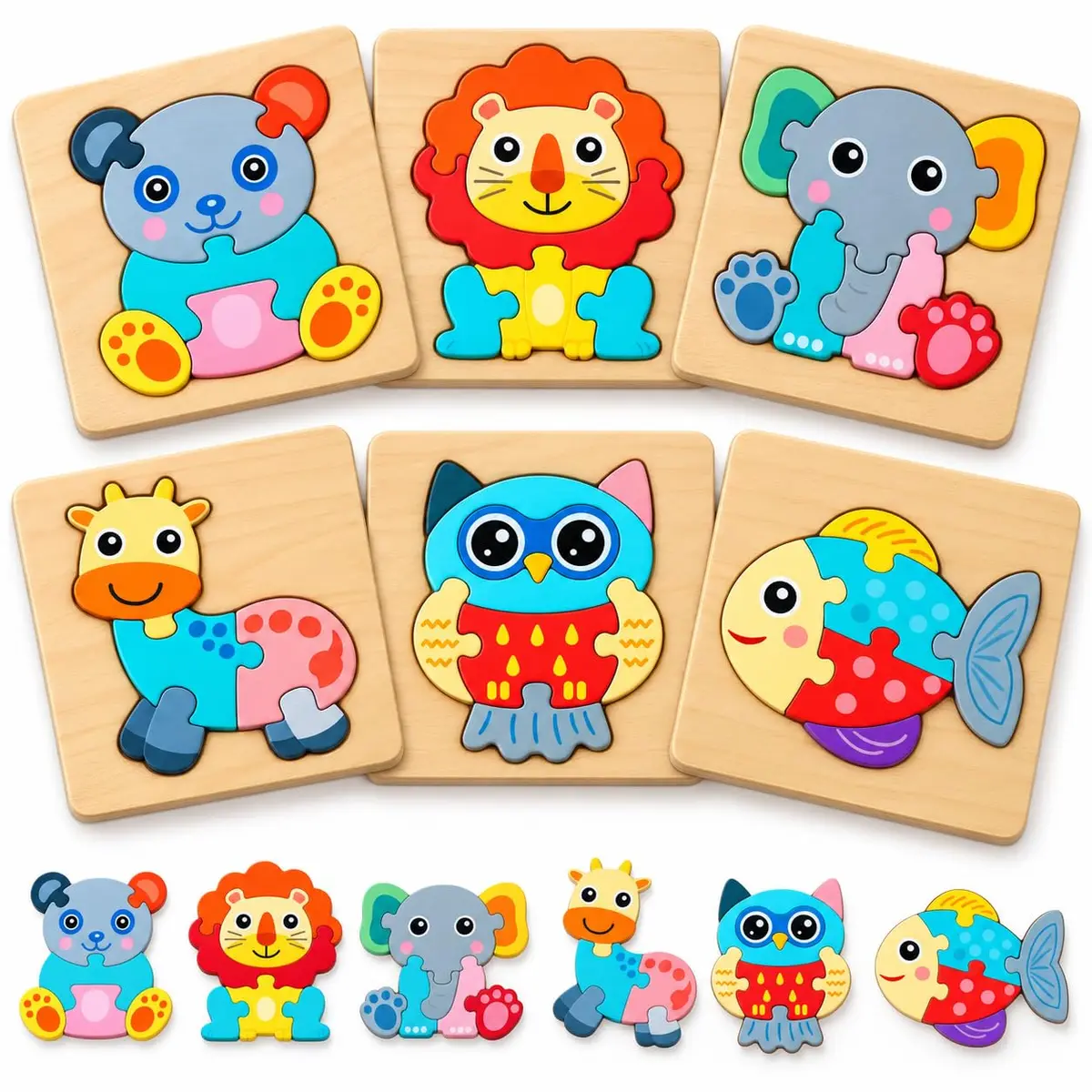 Kit 6 Quebra-Cabeças Infantil de Madeira Montessori | A partir 2 anos Brinquedo educativo Coordenação motora fina Raciocínio e concentração