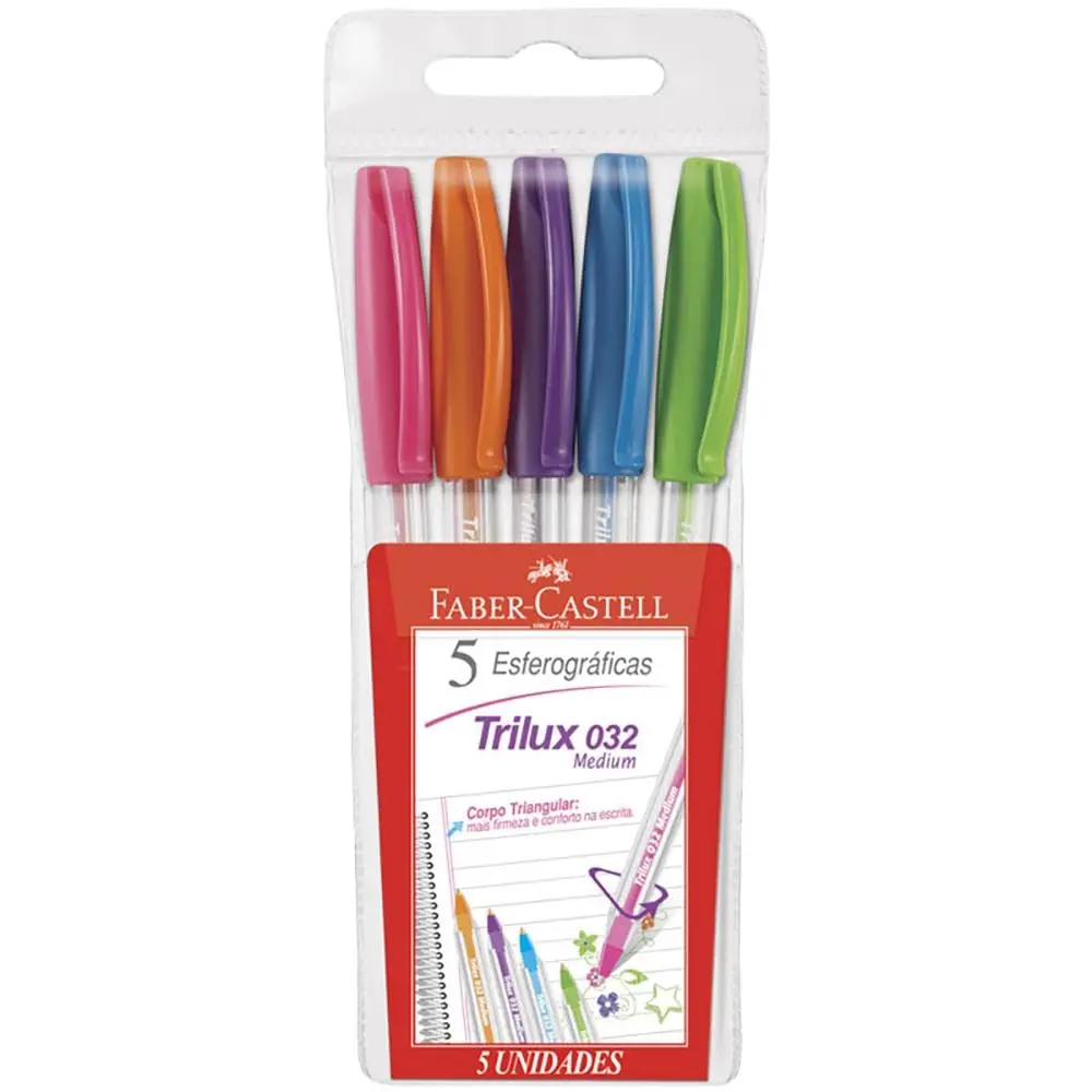 Caneta Trilux Cartela com 5 Cores, Faber-Castell, 032/ESC, Multicor - 1