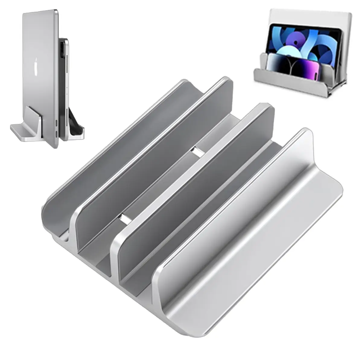 Suporte Vertical Duplo para Notebook e MacBook Alumínio Ajustável | Alumínio premium, base estável, silicone antiderrapante e antirrisco,economiza espaço na mesa para home office - 1