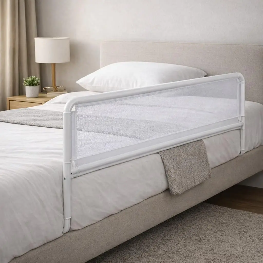 Grade de Proteção para Cama Box 116x60cm Branca Dobrável, Barra de Segurança com Tela para Cama Convencional e Box