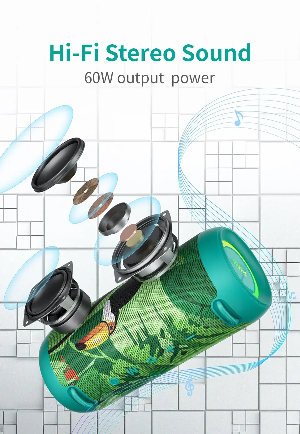 Caixa de Som Bluetooth Sem Fio MIFA 60W, Amplificador Classe D, Super Bass, Caixa de Som Portátil Resistente para Camping, Festa, Viagem e Uso Interno