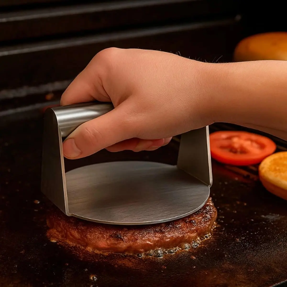 Prensa Smash Burger de Aço Inox 14cm Prensador Profissional Hambúrguer Chapa Chapeiro Cozinha Delivery Itens para Lanche - 1